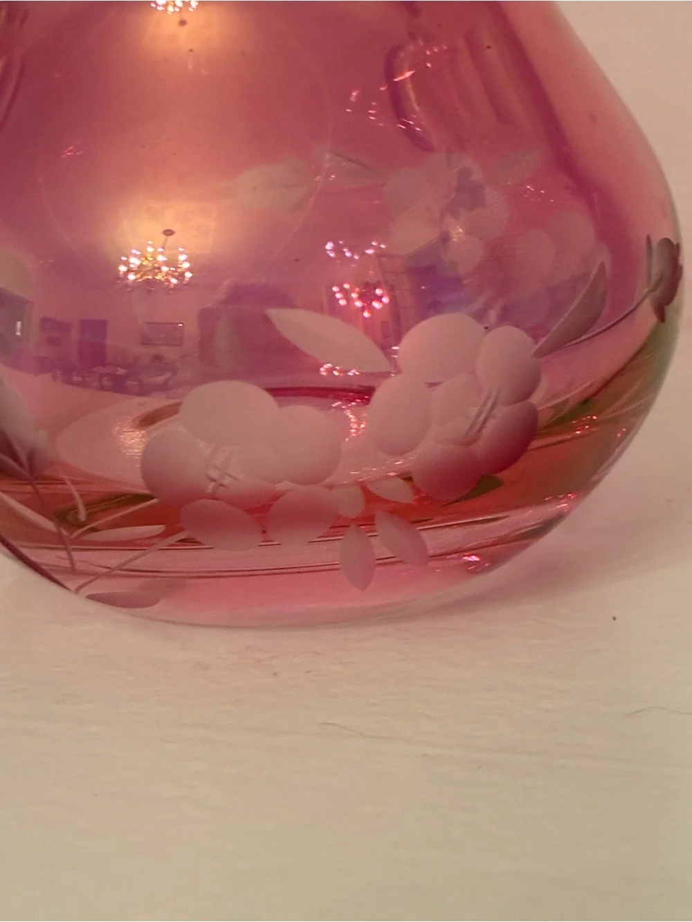 Vintage Iridescent, Cranberry Glass Vase with Hand, Etched Floral Design.
